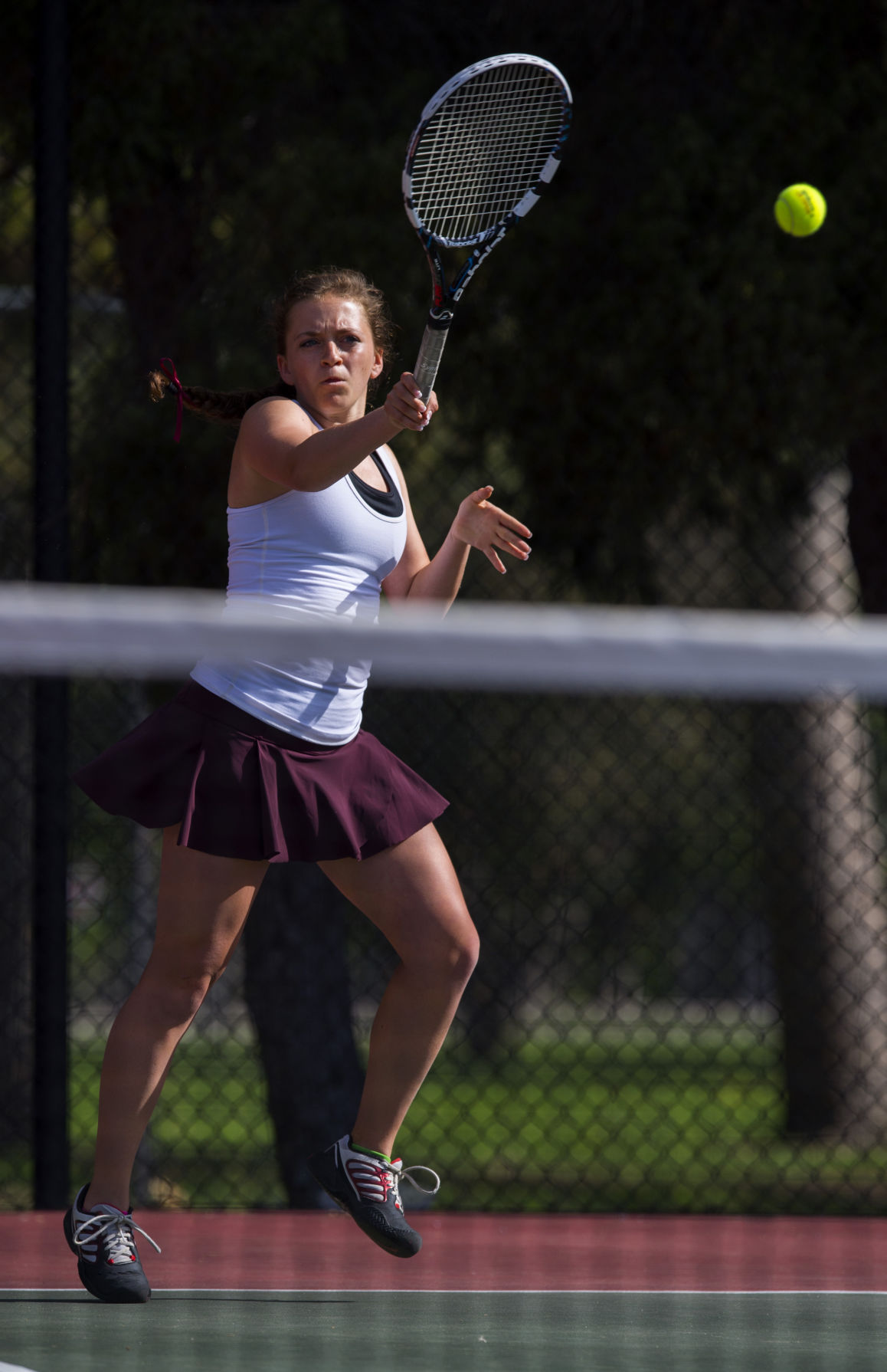 Cheyenne Mountain’s Arianna Arenson returns a volley during the No. 2 Doubles finals Saturday, May 13, 2017, at the 4A State Tennis Championships in Pueblo. Cheyenne Mountain’s Arianna Arenson and Taylor Heinicke defeated Palmer Ridge’s Bali Fitzpatrick and Ciara Bobak 6-4, 6-1. (The Gazette, Christian Murdock)