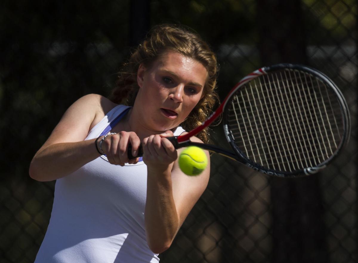 Cheyenne Mountain’s Taylor Heinicke returns a volley during the No. 2 Doubles finals Saturday, May 13, 2017, at the 4A State Tennis Championships in Pueblo. Cheyenne Mountain’s Arianna Arenson and Taylor Heinicke defeated Palmer Ridge’s Bali Fitzpatrick and Ciara Bobak 6-4, 6-1. (The Gazette, Christian Murdock)