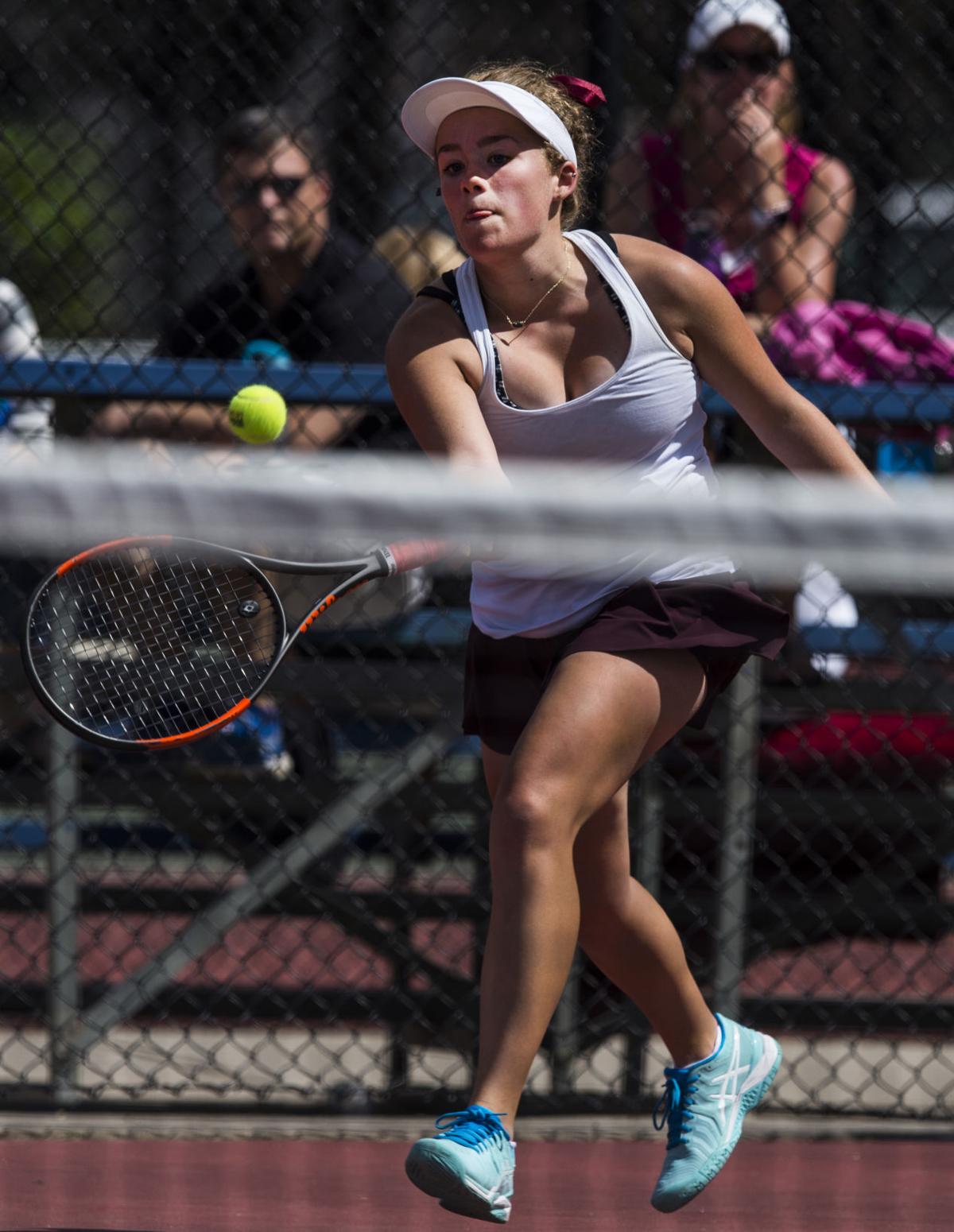Cheyenne Mountain’s Claire Dibble returns a volley during the No. 3 Singles finals against Valor Christian’s Isabella Pacheco Saturday, May 13, 2017, at the 4A State Tennis Championships in Pueblo. Dibble won 7-5, 6-4. (The Gazette, Christian Murdock)