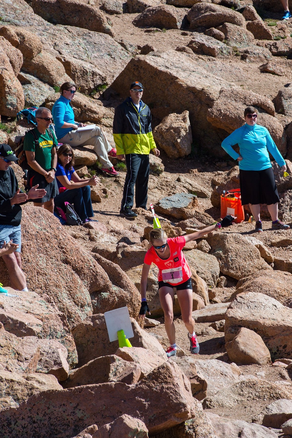 Kim Dobson of Eagle, Colo., nears the finish to win the women's race of the 2015 Pikes Peak Ascent Saturday, Aug. 15, 2015, on the top of 14,115-foot Pikes Peak. The 13.2-mile race begins in Manitou Springs and follows Barr Trail to the top of the mountain. (The Gazette, Christian Murdock)