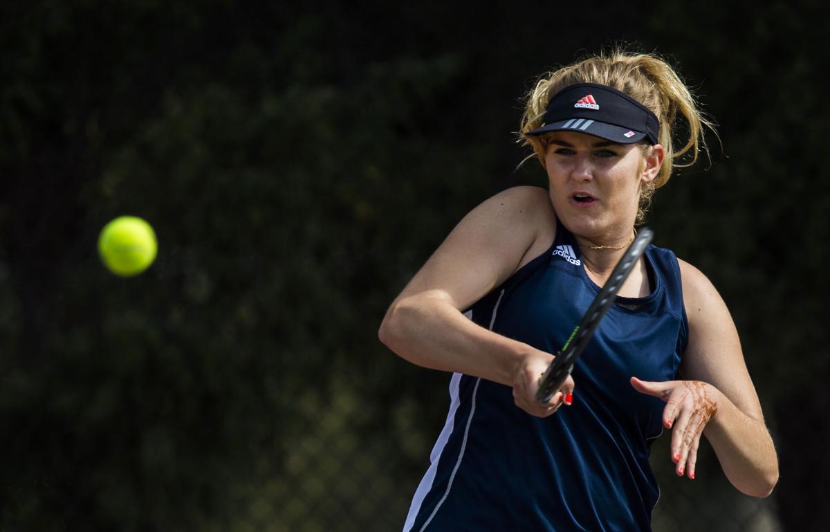 Palmer Ridge’s Ciara Bobak returns a volley during the No. 2 Doubles finals Saturday, May 13, 2017, at the 4A State Tennis Championships in Pueblo. Cheyenne Mountain’s Arianna Arenson and Taylor Heinicke defeated Palmer Ridge’s Bali Fitzpatrick and Ciara Bobak 6-4, 6-1. (The Gazette, Christian Murdock)