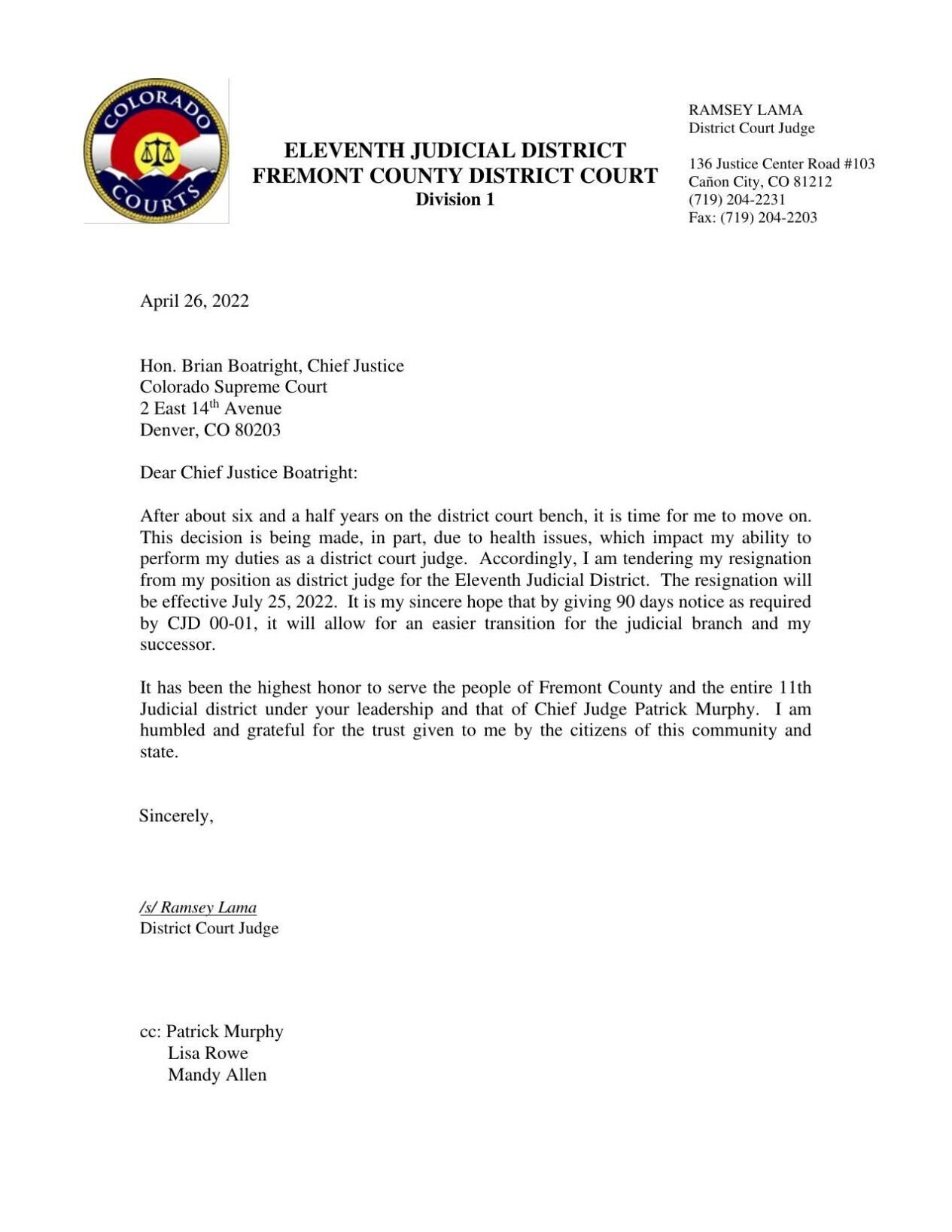 Judge Ramsey Lama Resignation Letter