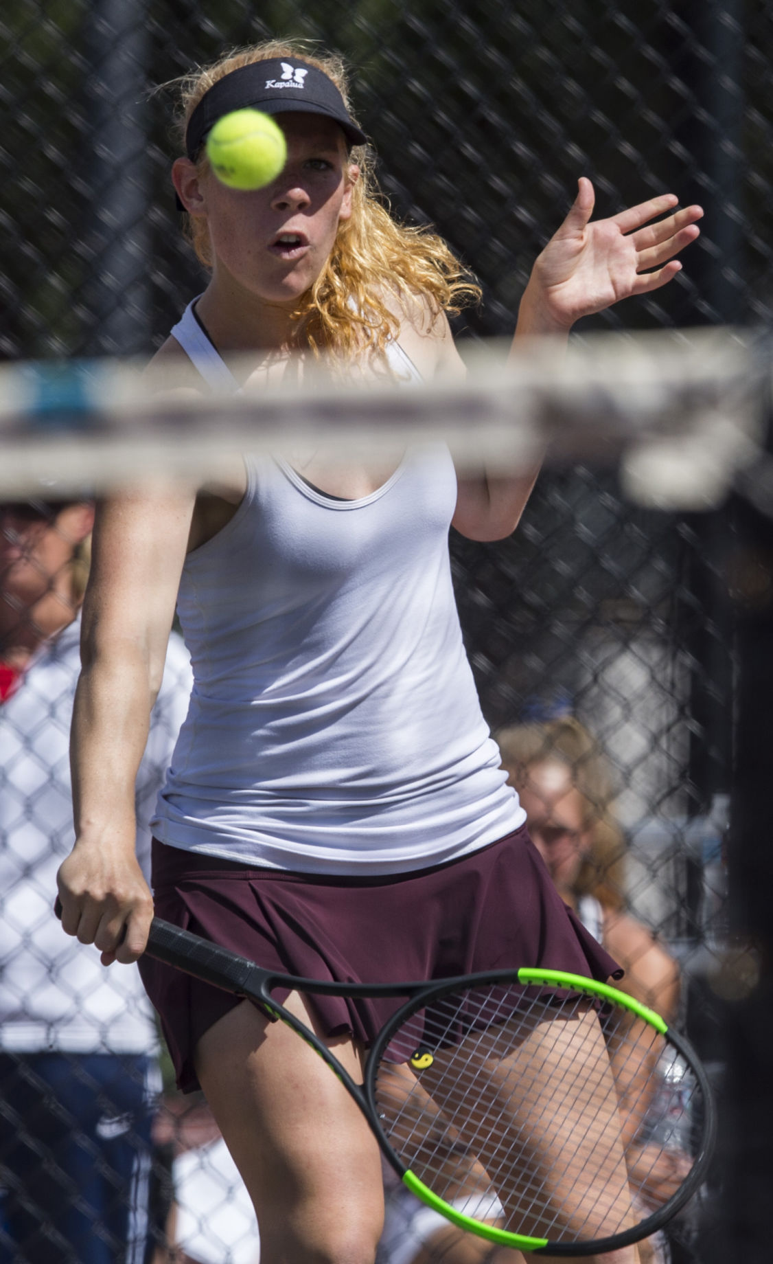 Cheyenne Mountain’s Cory Patton Lossner returns a volley against Kent Denver’s Amanda Schlatter during the No. 2 Singles finals Saturday, May 13, 2017, at the 4A State Tennis Championships in Pueblo. Patton Lossner won 6-2, 6-7, 6-0. (The Gazette, Christian Murdock)