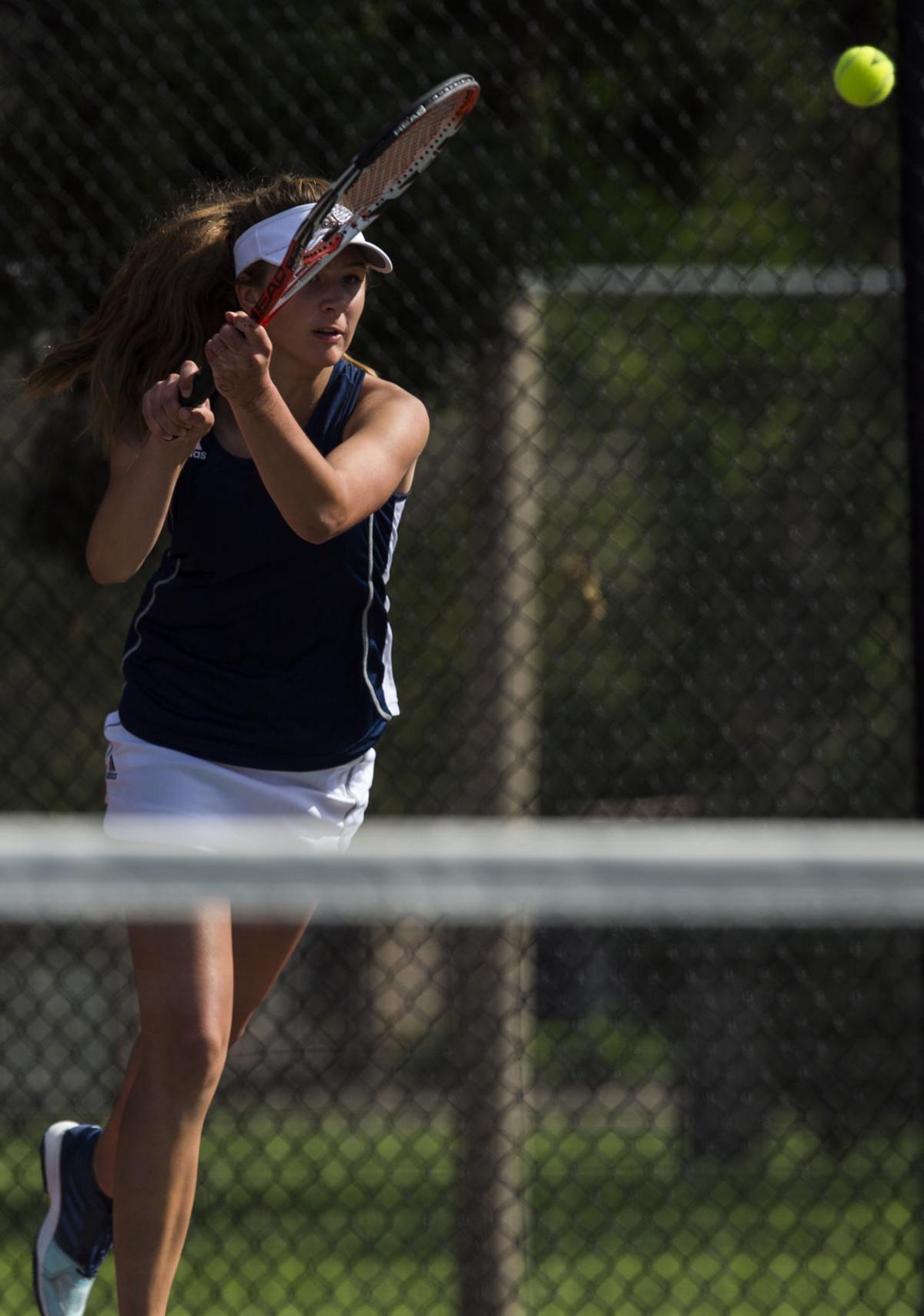 Palmer Ridge’s Bali Fitzpatrick returns a volley during the No. 2 Doubles finals Saturday, May 13, 2017, at the 4A State Tennis Championships in Pueblo. Cheyenne Mountain’s Arianna Arenson and Taylor Heinicke defeated Palmer Ridge’s Bali Fitzpatrick and Ciara Bobak 6-4, 6-1. (The Gazette, Christian Murdock)