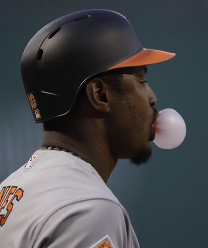 Baltimore Orioles' Adam Jones wears a jersey that reads Orioles