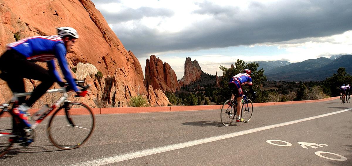 Members of the mens USA Triathlon team ride through the west part of the Garden of the Gods on Monday, Mar. 24, 2003 as part of their training. Early morning sunshine made way for cloudy and cooler weather with rain and snow making brief appearances across Colorado Springs. The Gazette, Bryan Oller