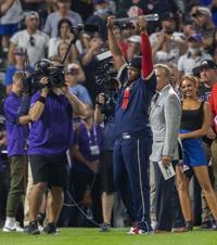 Denver, United States. 13th July, 2021. Toronto Blue Jays first baseman Vladimir  Guerrero Jr. holds the trophy after being named the MVP of the 2021 MLB  All-Star Game at Coors Field in