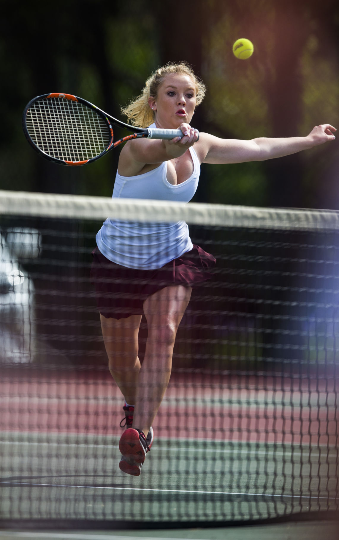 Cheyenne Mountain’s Katie Nelson returns a volley during the No.3 doubles finals Saturday, May 13, 2017, at the 4A State Tennis Championships in Pueblo. Cheyenne Mountain’s Katie Nelson and Jensen Enterman defeated Palmer Ridge’s Cailin Foster and Regina Park 6-0, 6-3. (The Gazette, Christian Murdock)