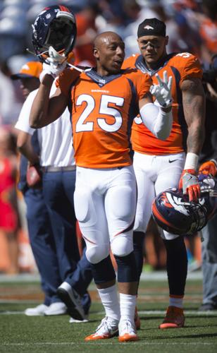 Broncos cornerback Chris Harris, Jr., warms up Sunday, Sept. 18, 2016,  before the start of the Broncos-Colts game at Sports Authority Field at  Mile High in Denver. (The Gazette, Christian Murdock)