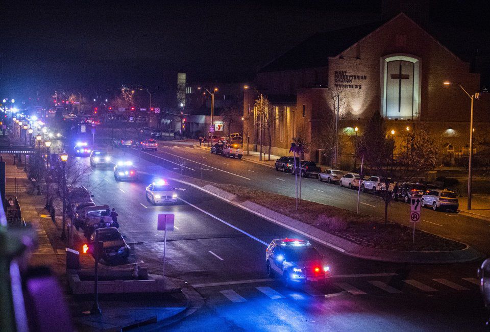 Hundreds of public safety vehicles follow the hearse carrying the body of slain El Paso County sheriff's deputy Micah Flick down Nevada Avenue Monday night, Feb. 5, 2018. The 34-year-old deputy was killed earlier in the day while investigating a stolen vehicle. (The Gazette, Christian Murdock)