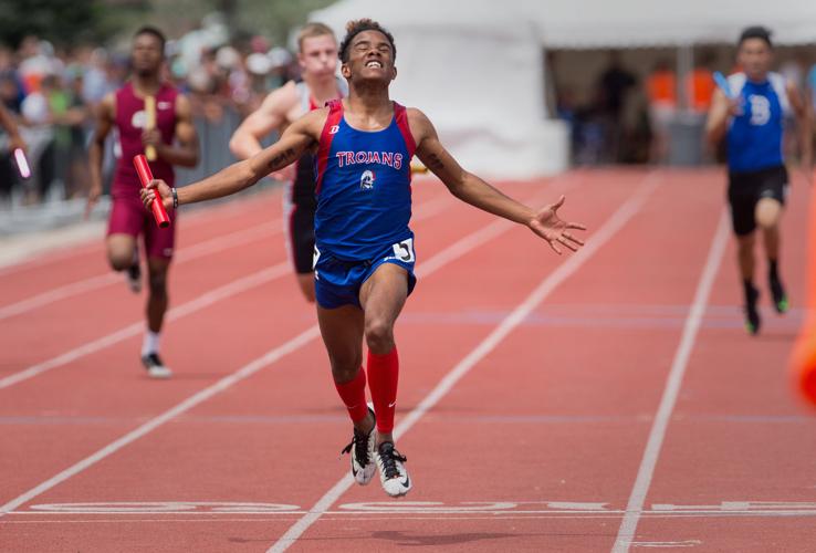 Fountain-Fort CarsonÃ¢Â€Â™s Christian Lyon crosses the finishline as the Tojan 4x200 relay team wins the 5A title Friday, May 20, 2016, during the second day of the Colorado State Track and Field meet at Jefferson County Stadium in Lakewood, Colo. (The ...