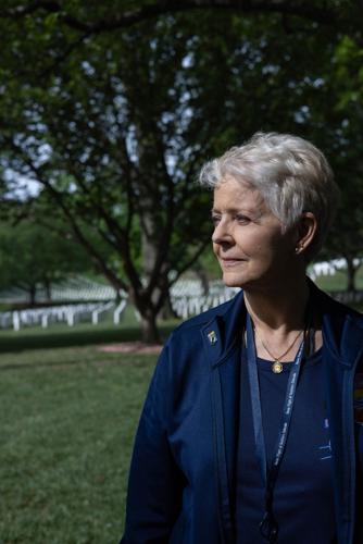 Air Force veteran Linda Aldrich, from Estes Park, Colorado, poses for a portrait at  Arlington Cemetery, in Arlington, Virginia, on Saturday, April 22, 2023. Aldrich Served 30 years in the Air Force as a missileer, Graeme Jennings/Washington Examiner