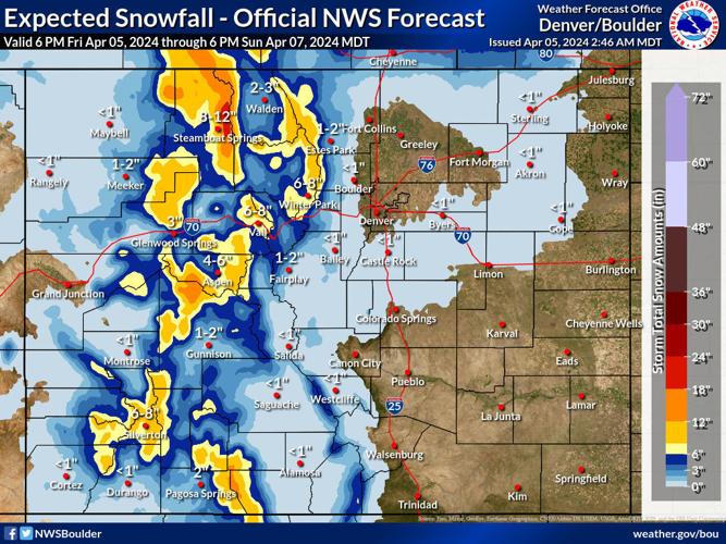 Expected snow totals from NWS for storm April 5-7 in Colorado