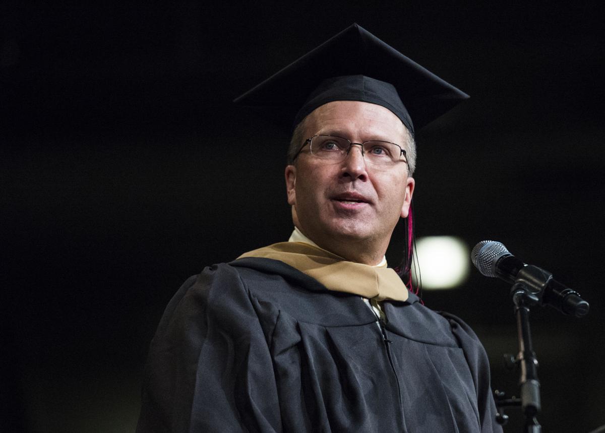 Steve Kaczmarek, owner of Borealis Fat Bike Co., speaks during the commencement ceremony for The Pikes Peak Community College class of 2016 May, 14, 2016, at New Life Church in Colorado Springs. (The Gazette, Christian Murdock)