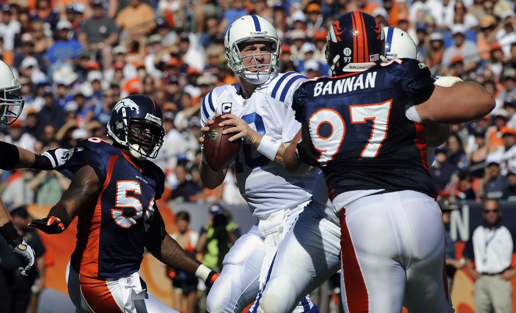 Denver Broncos Peyton Manning throws against the New England Patriots  during the AFC Championship game at Sport Authority Field at Mile High in  Denver on January 24, 2016. Denver advances to Super