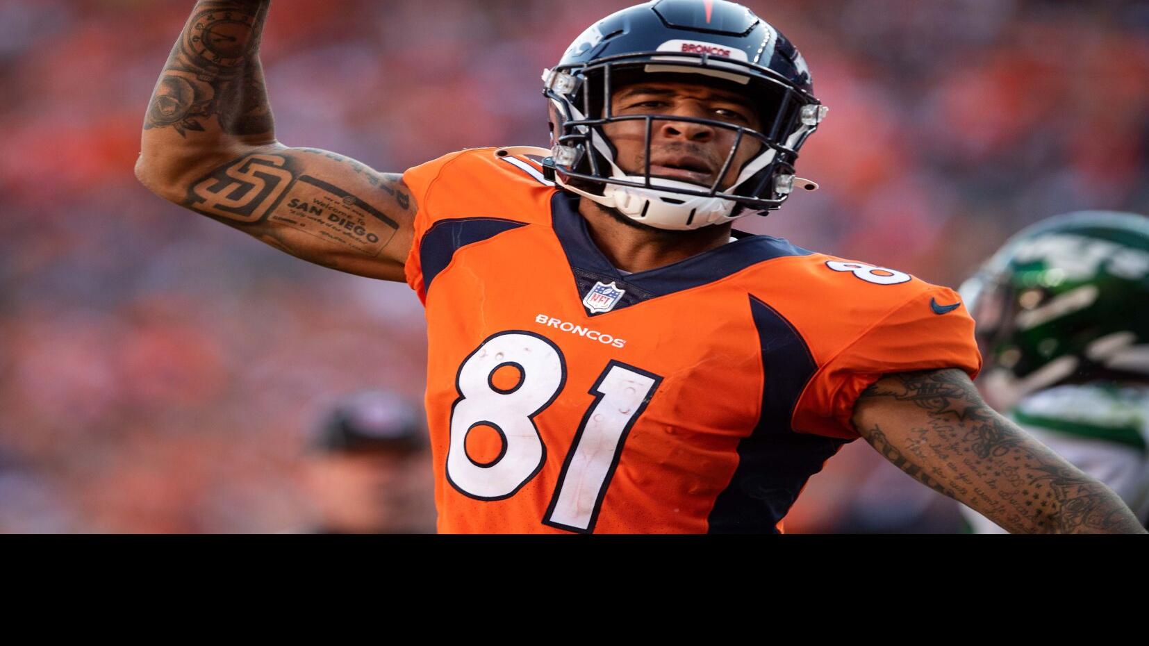 Jacksonville, FL, USA. 19th Sep, 2021. Denver Broncos wide receiver Tim  Patrick (81) is unable to haul in the ball during 2nd half NFL football game  between the DenverBroncos and the Jacksonville