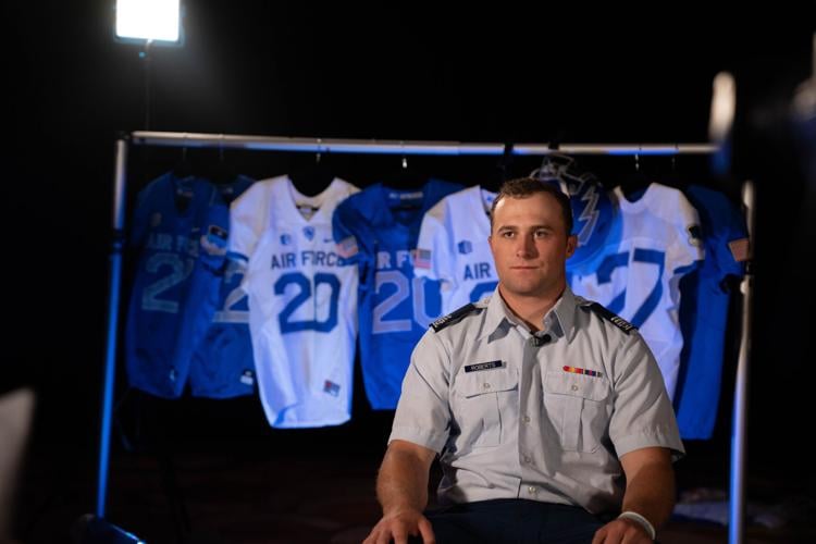 Air Force NCAA college football fullback Brad Roberts speaks