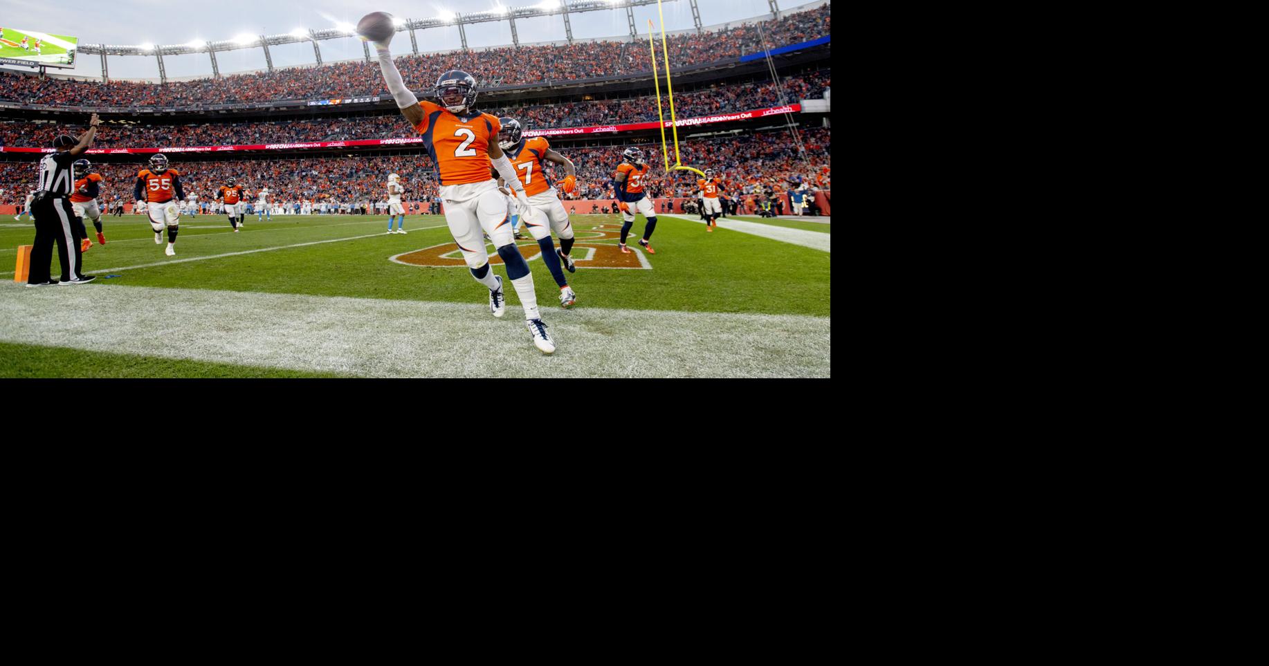 DENVER, CO - JANUARY 8: Denver Broncos wide receiver Courtland Sutton (14)  celebrates after a fourth quarter touchdown during a game between the Los  Angeles Chargers and the Denver Broncos at Empower