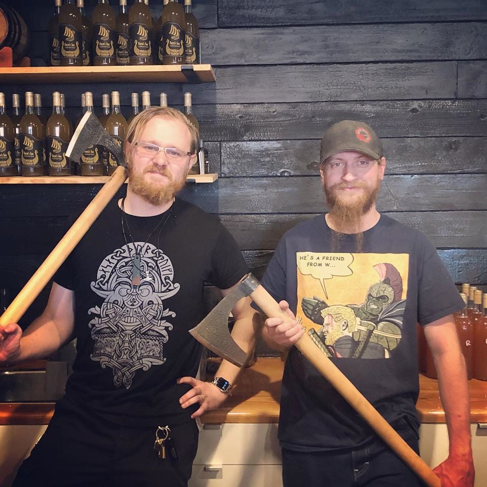 Drekar Meadery's co-owners Tim Martin and Mike Sonderby will mark the grand opening of their Viking-themed tasting room with a "ribbon-axing."