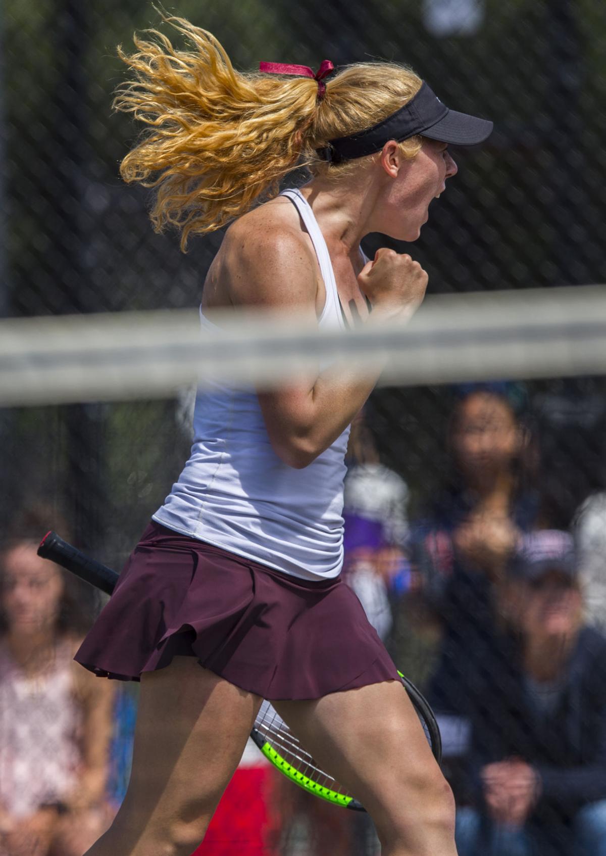 Cheyenne Mountain’s Cory Patton Lossner celebrates after winning a point during the second set against Kent Denver’s Amanda Schlatter during the No. 2 Singles finals Saturday, May 13, 2017, at the 4A State Tennis Championships in Pueblo. Patton Lossner won 6-2, 6-7, 6-0. (The Gazette, Christian Murdock)