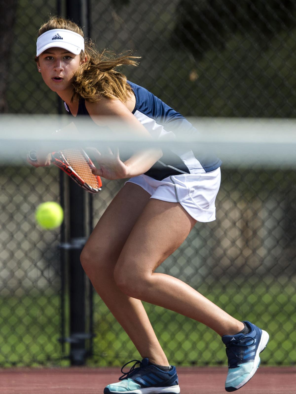 Palmer Ridge’s Bali Fitzpatrick returns a volley during the No. 2 Doubles finals Saturday, May 13, 2017, at the 4A State Tennis Championships in Pueblo. Cheyenne Mountain’s Arianna Arenson and Taylor Heinicke defeated Palmer Ridge’s Bali Fitzpatrick and Ciara Bobak 6-4, 6-1. (The Gazette, Christian Murdock)