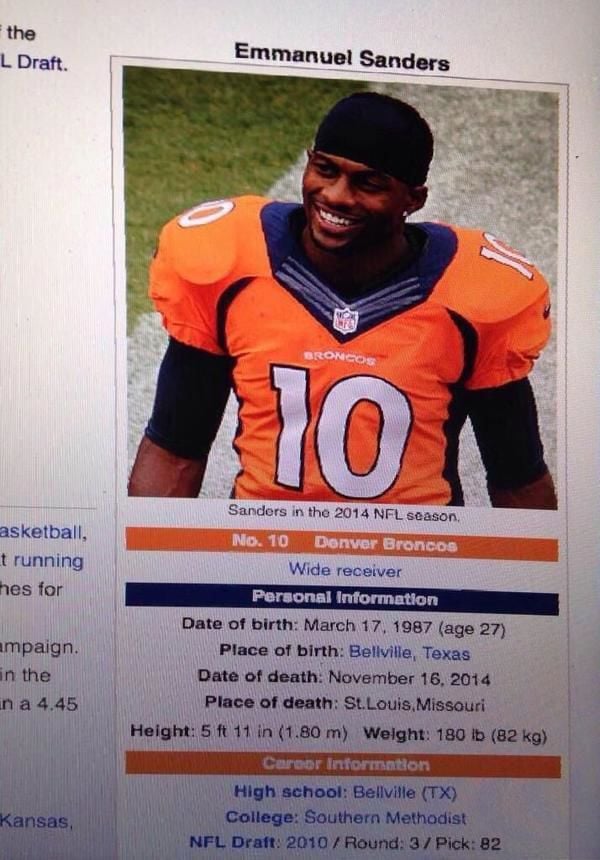 Wikipedia briefly claims Broncos WR declared dead after hit by