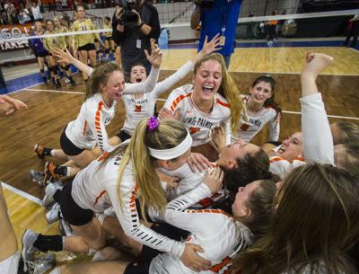 Lewis-Palmer celebrates after defeating Holy Family 3-0 in the 4A Colorado state volleyball tournament finals Saturday, Nov. 12, 2016, at the Denver Coliseum.  (The Gazette, Christian Murdock)
