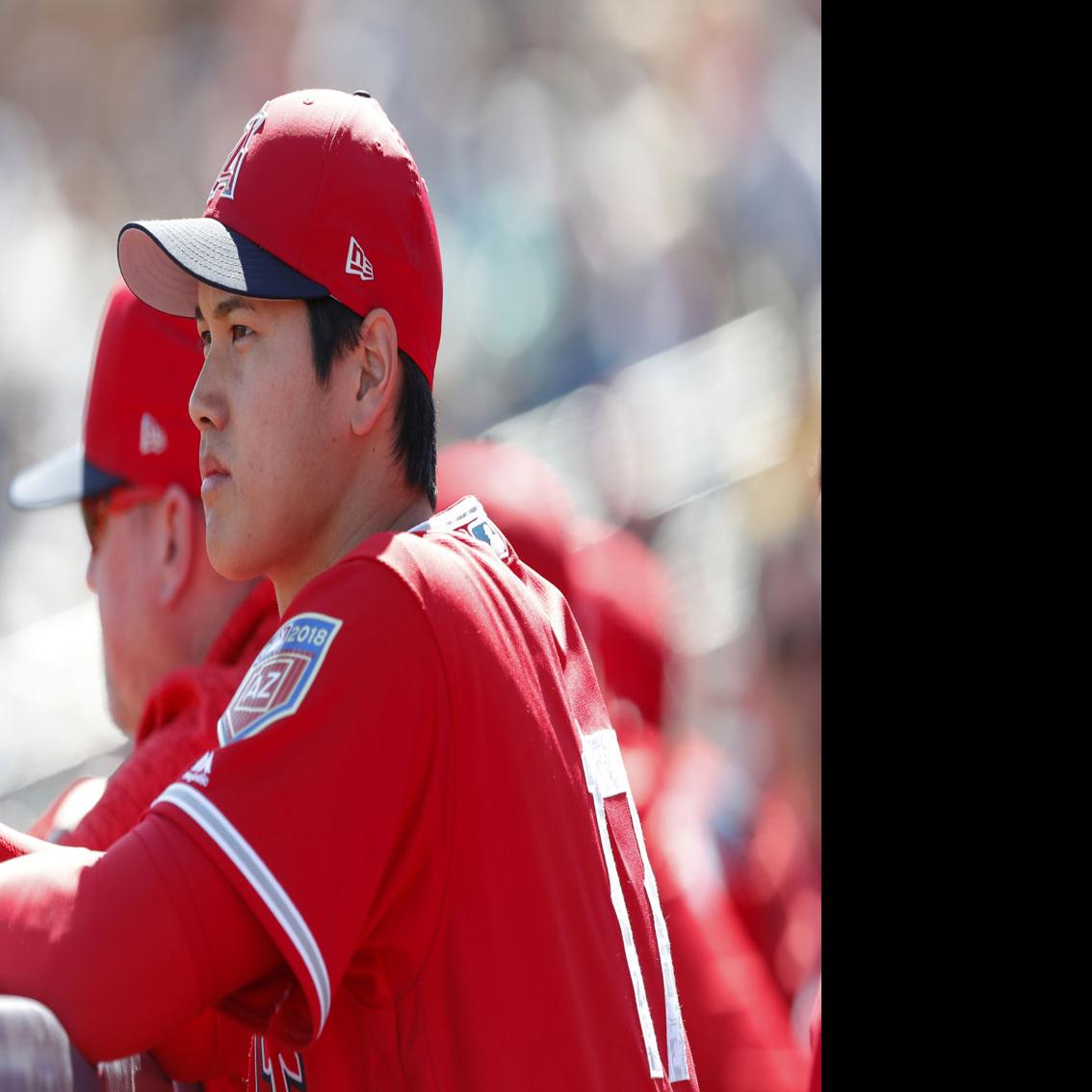 Los Angeles Angels pinch hitter Shohei Ohtani wears a jersey with
