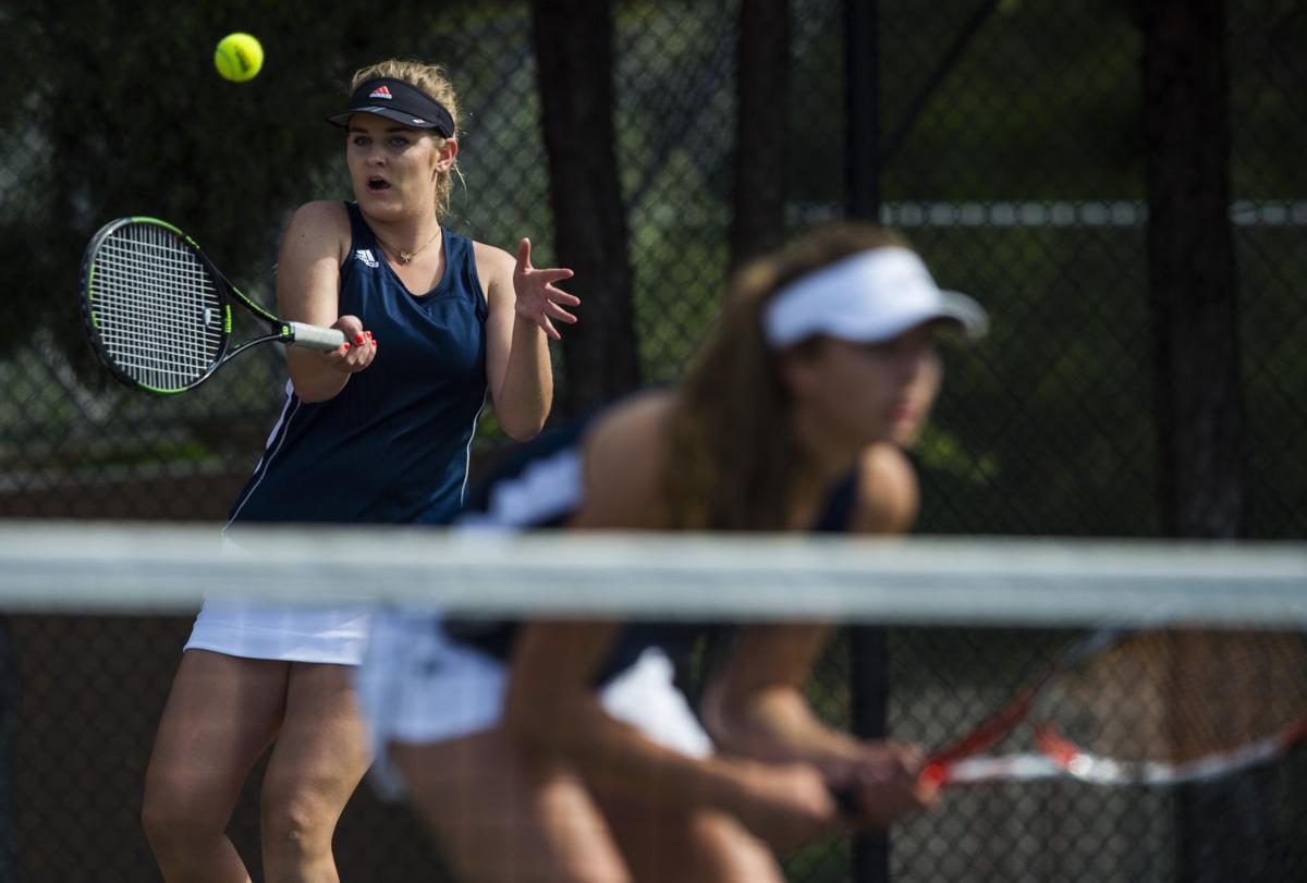 Palmer Ridge’s Ciara Bobak returns a volley during the No. 2 Doubles finals Saturday, May 13, 2017, at the 4A State Tennis Championships in Pueblo. Cheyenne Mountain’s Arianna Arenson and Taylor Heinicke defeated Palmer Ridge’s Bali Fitzpatrick and Ciara Bobak 6-4, 6-1. (The Gazette, Christian Murdock)