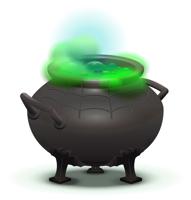 Big Black Cauldron Cook Green Magic Potion. Isolated On White Vector Cartoon Illustration