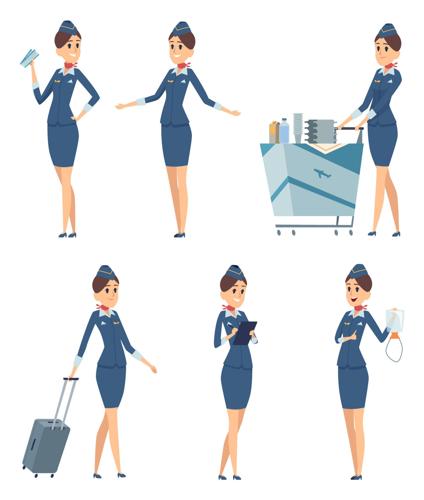 Stewardess. Woman Hostess Professional Blue Uniform Of Boarding Airplane Girl Vector Cartoon Charact