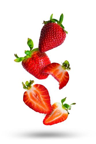 Tasty Ripe Red Strawberries And Strawberry Pieces Isolated On White Background. Strawberry Slices Fl