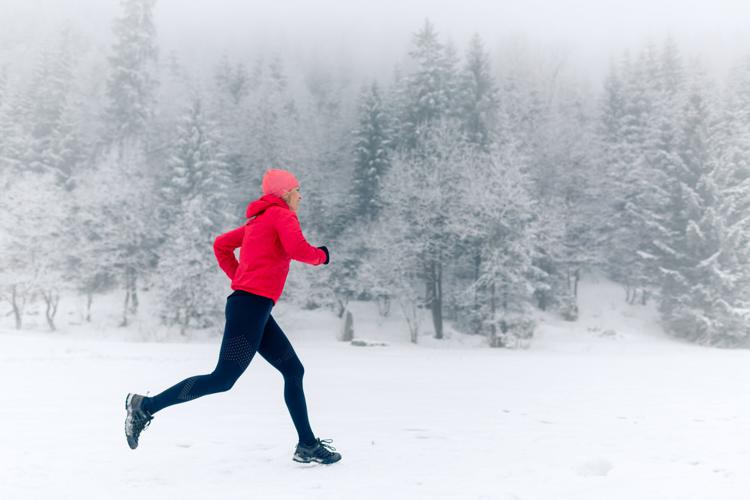 Happy Girl Running On Snow In Winter Mountains. Sport, Fitness Inspiration And Motivation. Young Hap