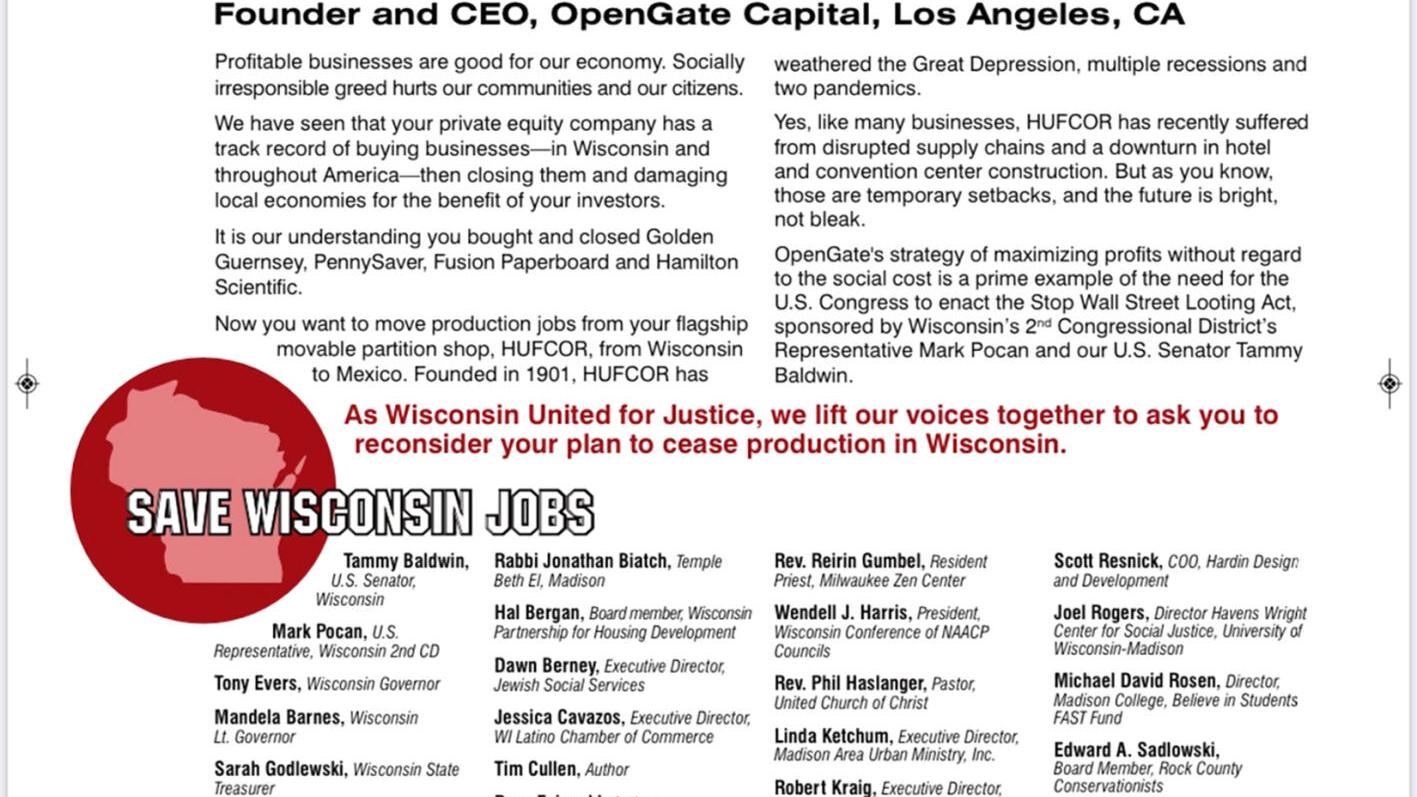 Hufcor workers battle private equity owner with shame ad in Los Angeles Times - Vimarsana News