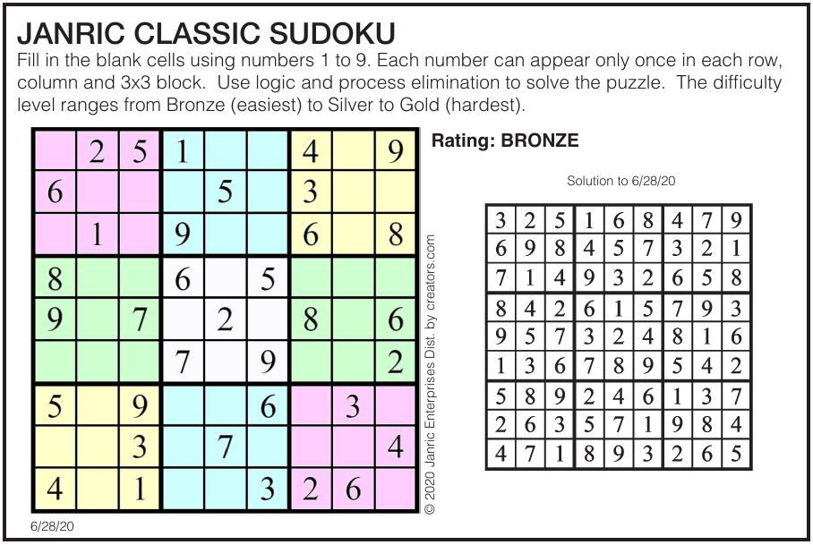 June 28 Sudoku | Puzzles | gillettenewsrecord.com