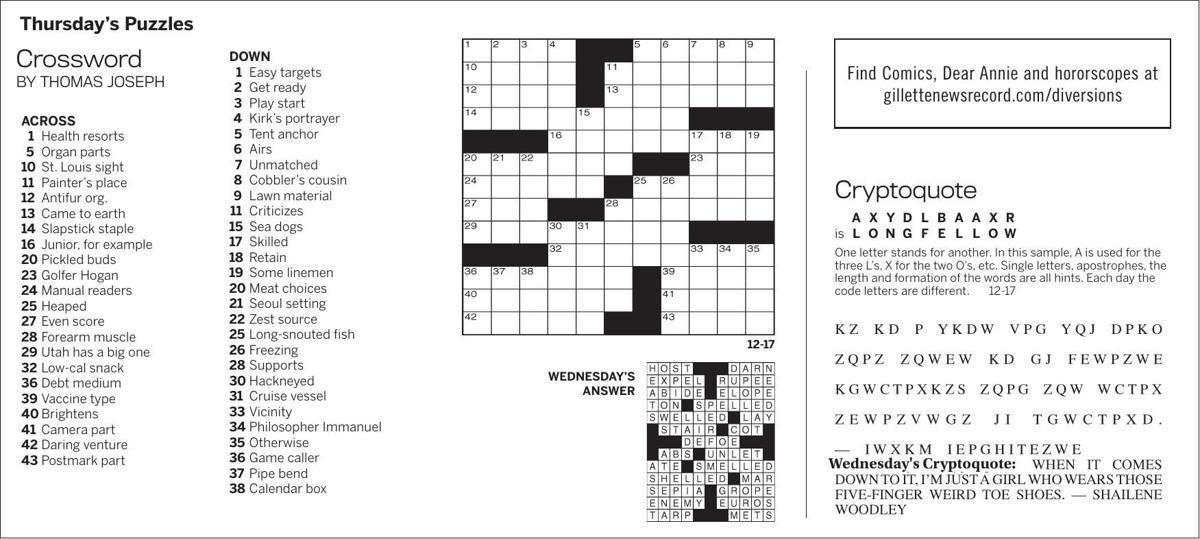 Puzzles Thursday December 17 Puzzles Gillettenewsrecord Com