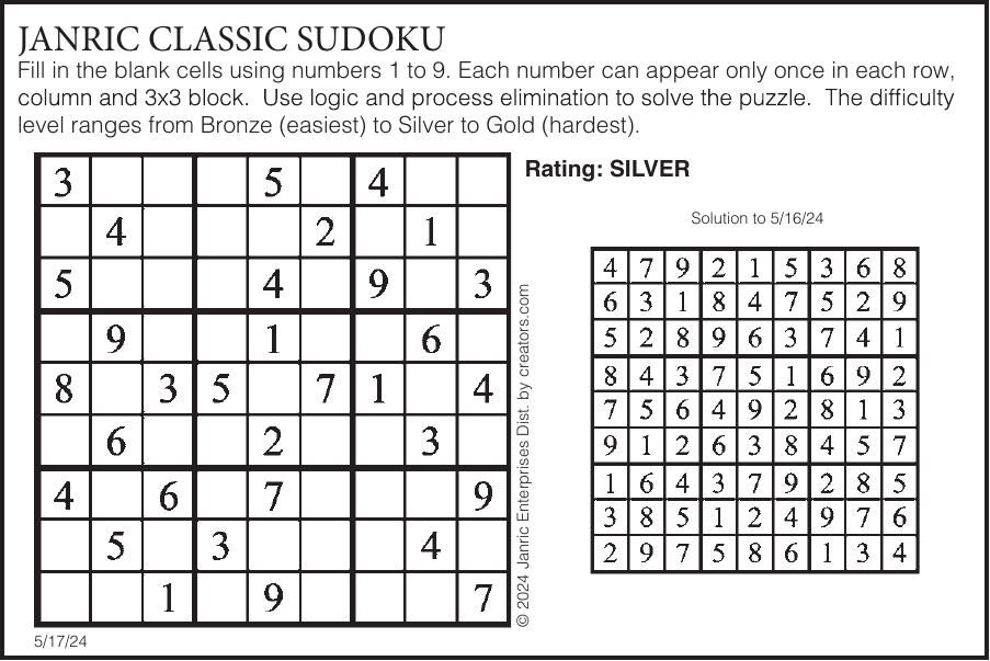 Sudoku May 17 | Puzzles | gillettenewsrecord.com