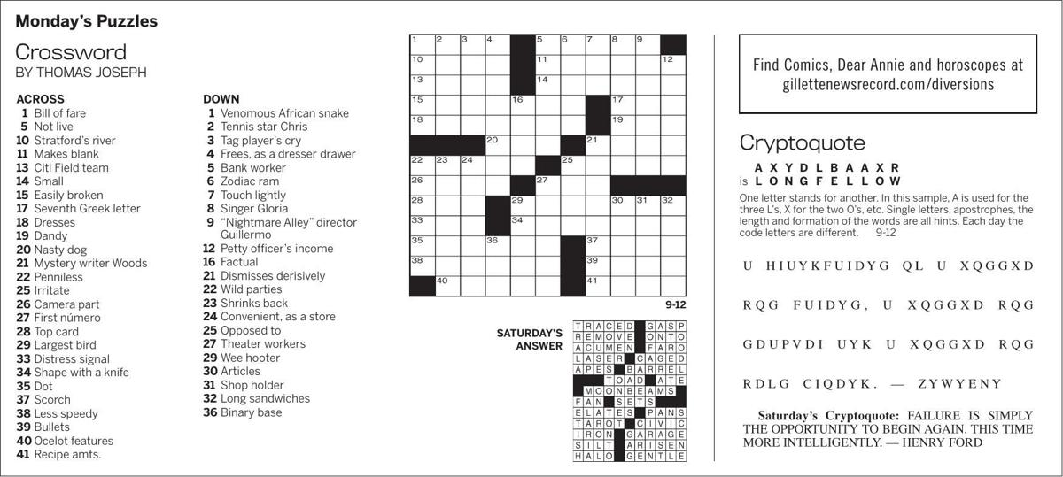 Puzzles, Monday, September 12 | Puzzles | gillettenewsrecord.com