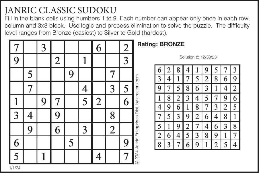 Sudoku January 1 | Puzzles | gillettenewsrecord.com