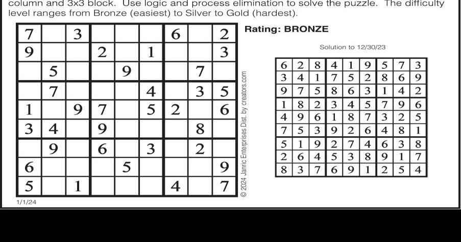 Sudoku January 1 | Puzzles | gillettenewsrecord.com