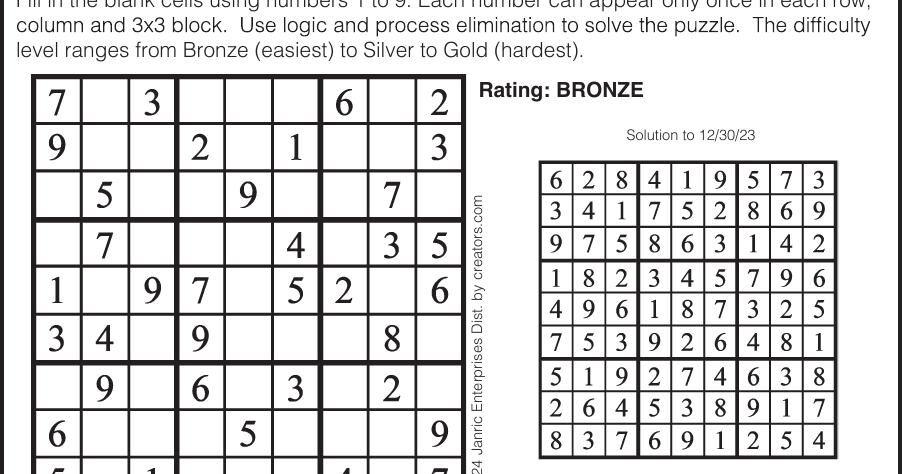 Sudoku January 1 | Puzzles | gillettenewsrecord.com