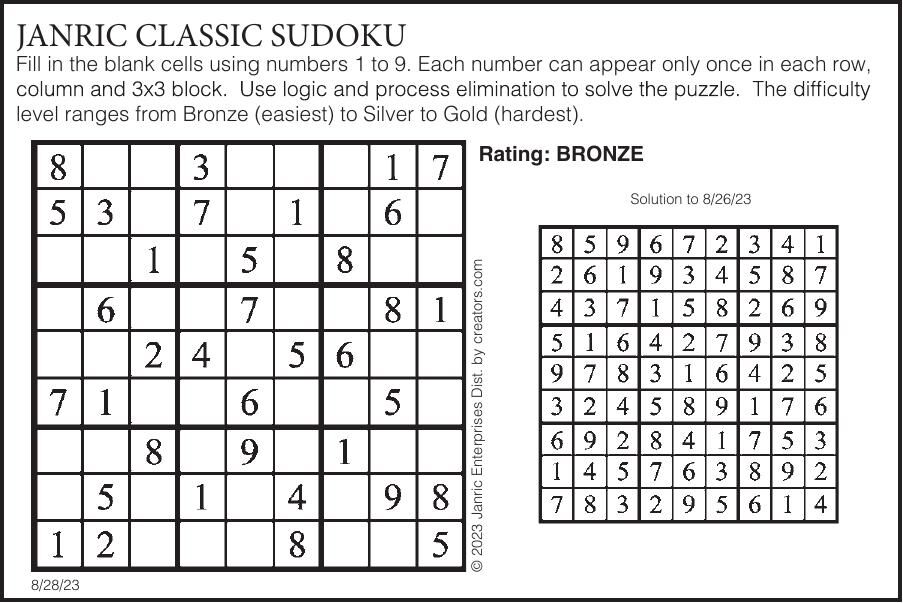 Sudoku August 28 | Puzzles | gillettenewsrecord.com