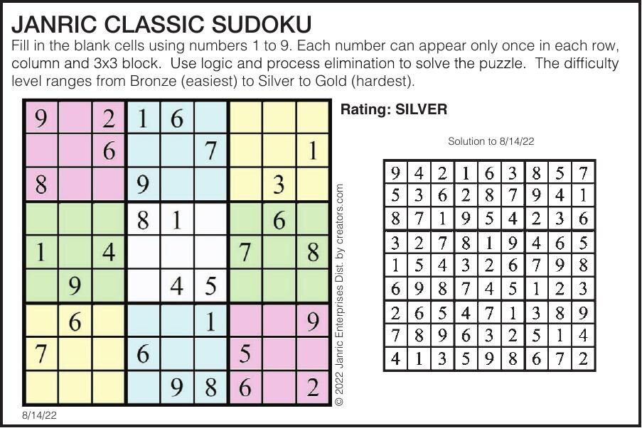 Sudoku August 14 | Puzzles | gillettenewsrecord.com