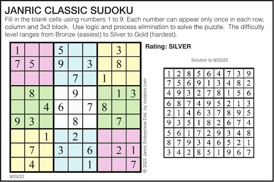 Sudoku September 25 | Puzzles | gillettenewsrecord.com