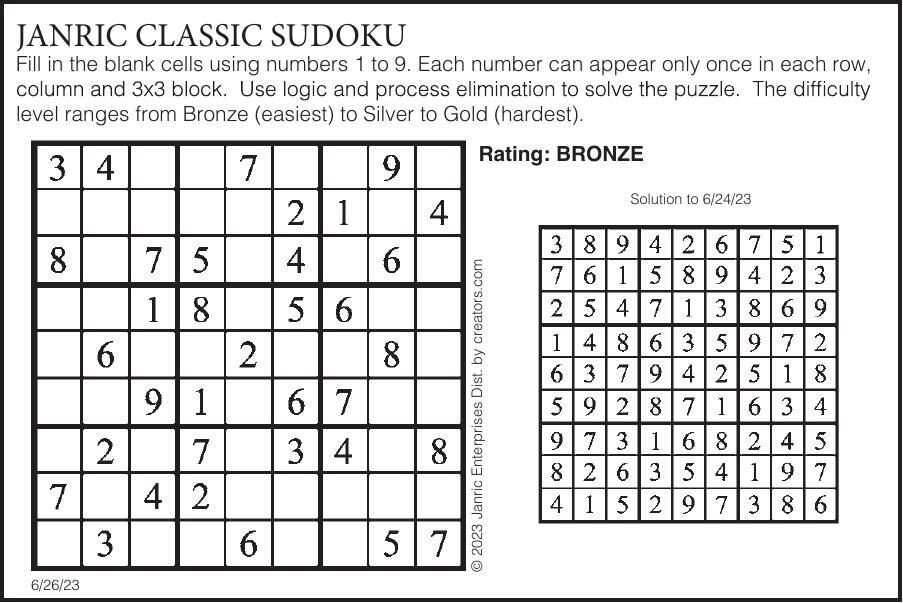 Sudoku June 26 | Puzzles | gillettenewsrecord.com