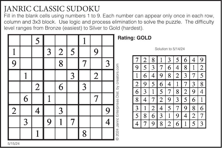 Sudoku May 15 | Puzzles | gillettenewsrecord.com