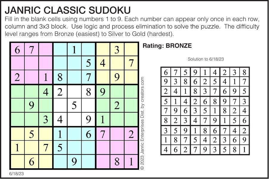 Sudoku June 18 | Puzzles | gillettenewsrecord.com