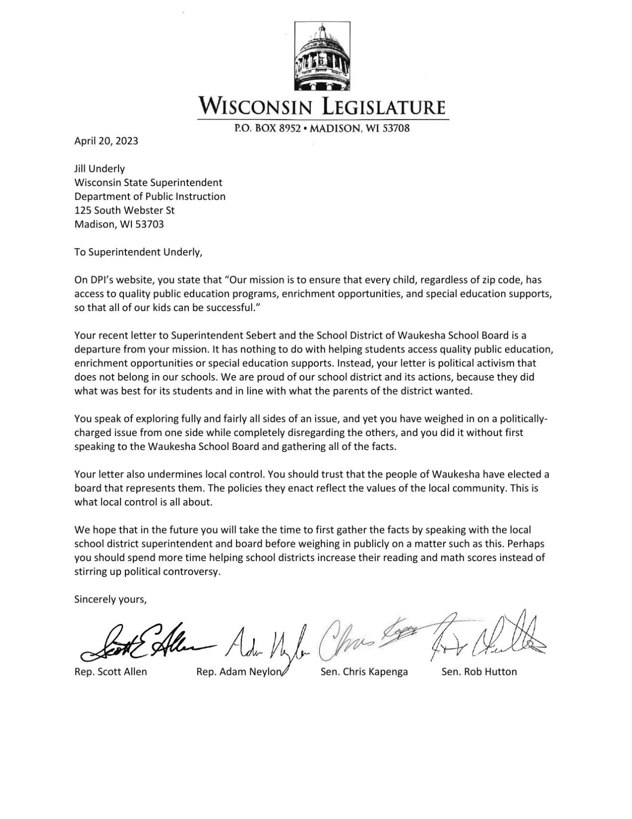 Letter from state representatives to Superintendent Underly
