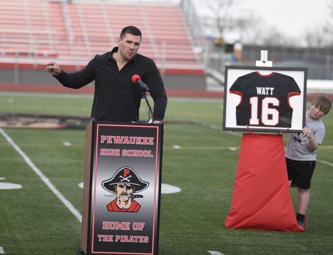 Pewaukee High School jersey retirement ceremony for Derek and TJ Watt