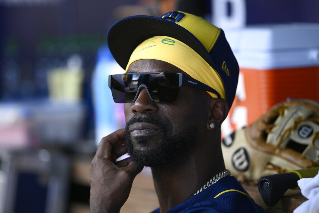 Milwaukee Brewers' Andrew McCutchen in action during a baseball game  against the Washington Nationals, Sunday, June 12, 2022, in Washington. (AP  Photo/Nick Wass Stock Photo - Alamy